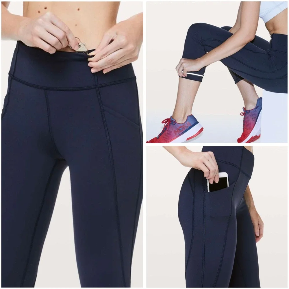 Lululemon Speed Up High Rise Crop 21 Navy Blue Running Leggings Pockets Size 2‎
